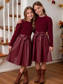 SHEIN Tween Girls Fall Winter Elegant Cute Patchwork Dress, Pearl Beaded Puff Long Sleeve Knit Top Bow Belted A-Line For Thanksgiving Party Formal - Burgundy - View 4
