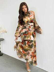 Firerie Plus Size Women's Tie-Dye Cold Shoulder Long Sleeve Elegant Dress Fall - Multicolor - View 4