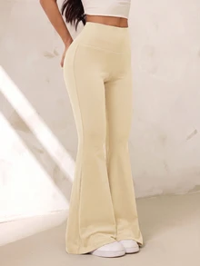 SHEIN PETITE Women's Solid Color High Waist Casual Versatile Daily Flare Pants - Apricot - View 6