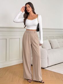 SHEIN Tall 女款黑色高腰寬腿長褲，優雅商務休閒上班西裝褲，高挑百搭純色秋冬老錢風正裝褲 - 駝色 - 查看 4