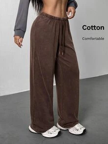SHEIN PETITE Women's Casual Streetwear Athleisure Low-Waist Straight Sweatpants Suitable For Summer Washed Wide Leg Comfy Oversized Lounge Work Petite Dark Grey - Coffee Brown - View 6