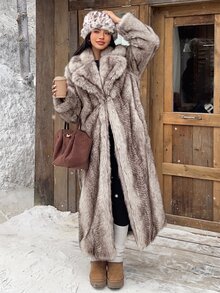 SHEIN EZwear Women's New Brown Long Faux Fur Collar Coat, Winter - Beige - View 4
