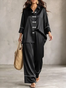 Linhara CURVE Women's Fashion Casual Long Sleeve Lapel Contrast Color Frog Button Satin Blouse And Elastic Waist Wide Leg Pants 2 Pieces Set, Suitable For Daily Commute And Outing Wear - Black - View 8