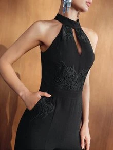 MOTF PREMIUM WOMEN'S AUTUMN/WINTER HALTER NECK EMBROIDERED HIGH WAIST FITTED JUMPSUIT - Black - View 2