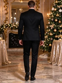 Manfinity Bizformal 男士四季通用西裝套裝，黑色布料，中式小立領，成熟風西裝外套＋長褲，正式款 - 黑色 - 查看 2