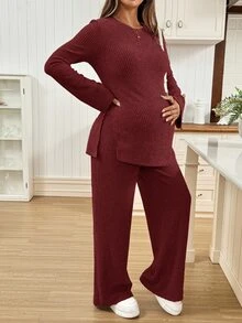 SHEIN 2件組孕婦休閒羅紋長袖上衣與長褲套裝 秋季女款針織舒適居家套裝 兩件式女裝套裝 - 酒紅色 - 查看 3