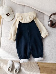 SHEIN 新生兒男嬰女嬰秋冬休閒拼色抓絨內裡熊圖案連帽連身衣 中性嬰兒服 冬季嬰兒衣 萬聖節嬰兒裝 - 彩色 - 查看 2