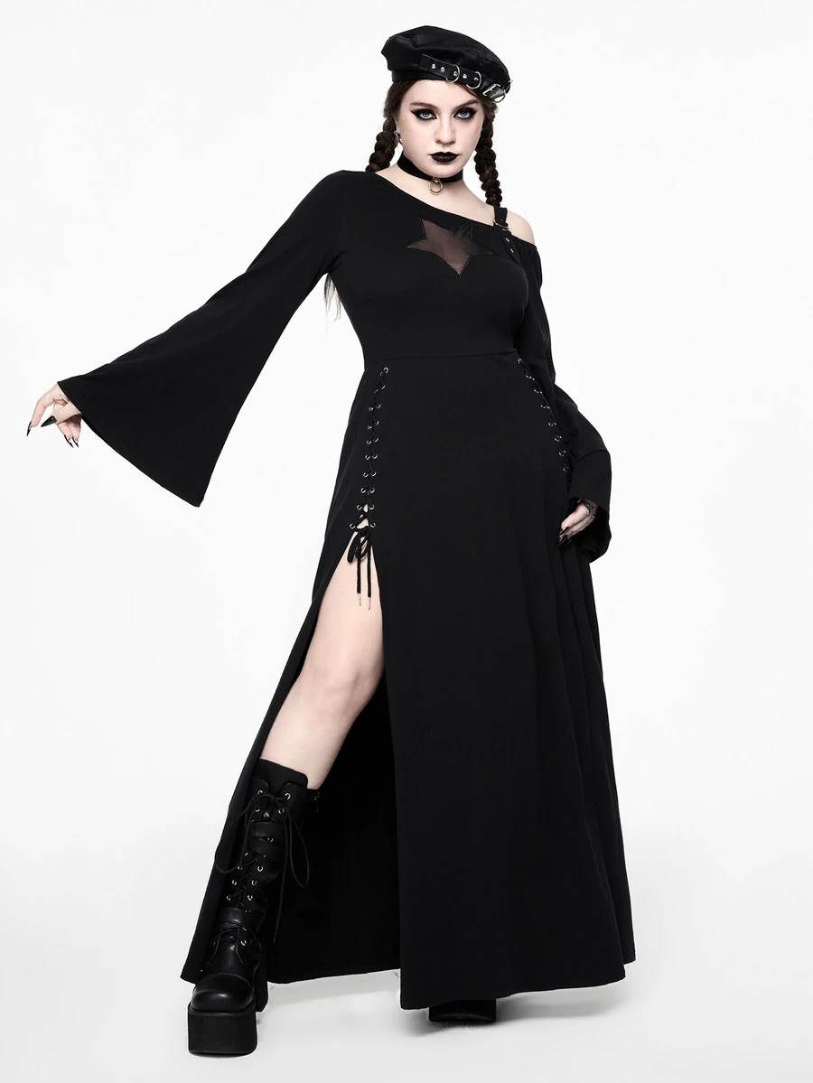 ROMWE Grunge Punk Plus Size Y2K Punk Star Hollow Design Sexy Asymmetrical Shoulder Bell Sleeve High Slit Dress - Black - View 1