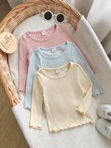 SHEIN 女嬰針織素色圓領休閒T恤上衣3件組，隨機3件，僅含上衣 - 彩色 - 查看 3