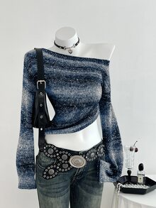 Elamini 女款黑色秋冬獨特不對稱肩拼接色塊條紋亮片針織毛衣，收腰喇叭袖，1件裝 - 藏蓝色 - 查看 1