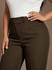 SHEIN PETITE CURVE 大尺碼女款純色高腰鈕扣設計休閒寬腿長褲 秋季 - 巧克力棕 - 查看 5