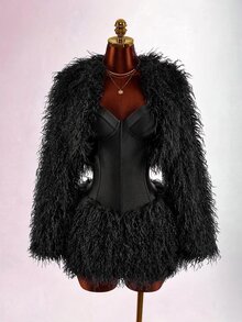 Amplova Women's Cropped Shawl Collar Wool Top, Sexy Avant-Garde Mini Jacket, Suitable For Autumn/Winter Party And Date Outfits - Black - View 4