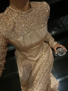 Livesso Women's Solid Color Patchwork Sequin Round Neck Long Sleeve Elegant Mid-Length Dress - Apricot - View 1