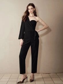 MOTF PREMIUM ONE-SHOULDER CHIFFON STRAPLESS FITTED ANKLE-LENGTH JUMPSUIT - Black - View 6