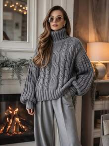 SHEIN Women's Loose High Neck Long Sleeve Cable Knit Sweater, Dark Grey, Slouchy, Autumn/Winter Outerwear - Grey - View 1