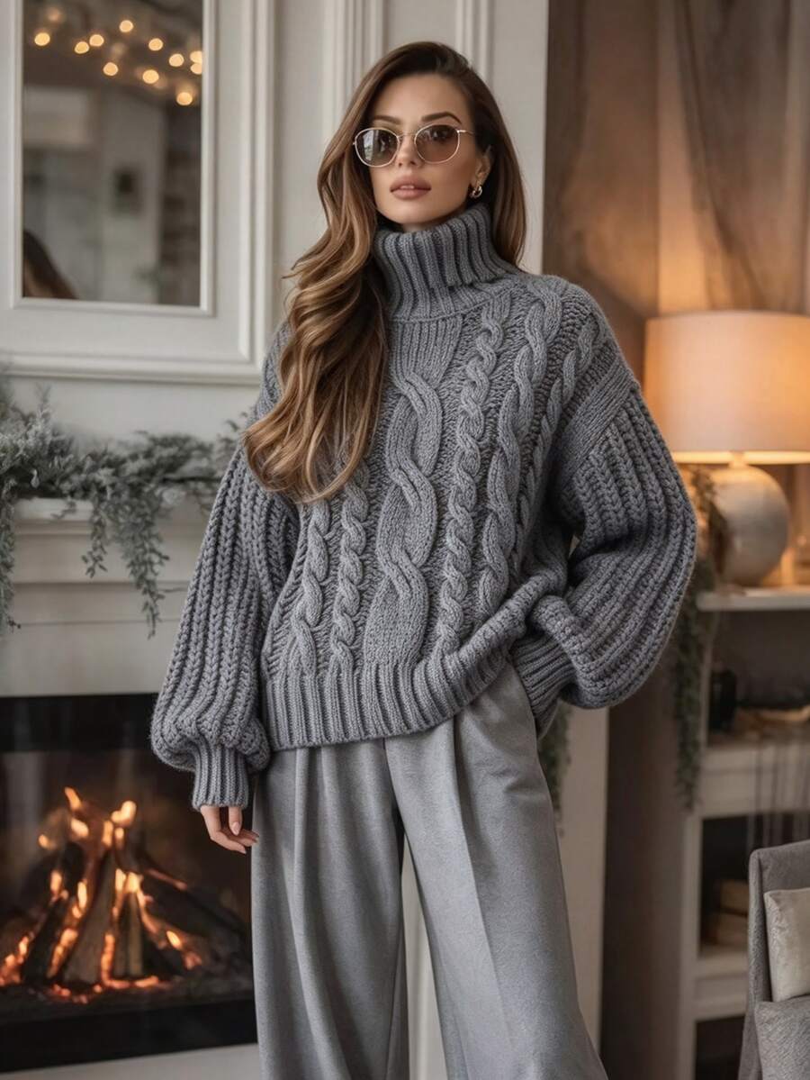 SHEIN Women's Loose High Neck Long Sleeve Cable Knit Sweater, Dark Grey, Slouchy, Autumn/Winter Outerwear - Grey - View 1