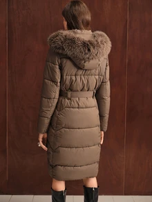 Anewsta Quilted Detachable Hood Cinched Waist Mid-Length Women's Padded Coat - Mocha Brown - View 2