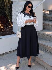 Easura Casual 2-delat set för kvinnor i plus size med spets, patchwork, asymmetrisk axel, topp och kjol för hösten - Multifärgad - Visa 1