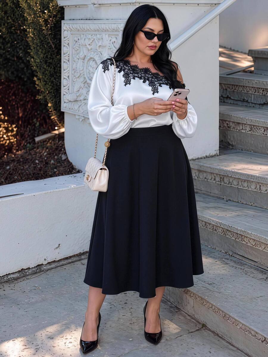 Easura Casual 2-delat set för kvinnor i plus size med spets, patchwork, asymmetrisk axel, topp och kjol för hösten - Multifärgad - Visa 1