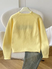 SHEIN 少女秋/冬休閒法式優雅奶油淡黃色可愛魚紋插肩袖長袖套頭針織衫，適合返校與日常穿著 - 黃色 - 查看 5