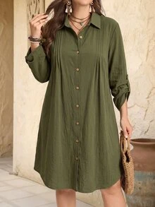 Rusticease Plus Size Women Solid Color Rolled Sleeve Single-Breasted Casual Shirt Dress Fall - Multicolor - View 10