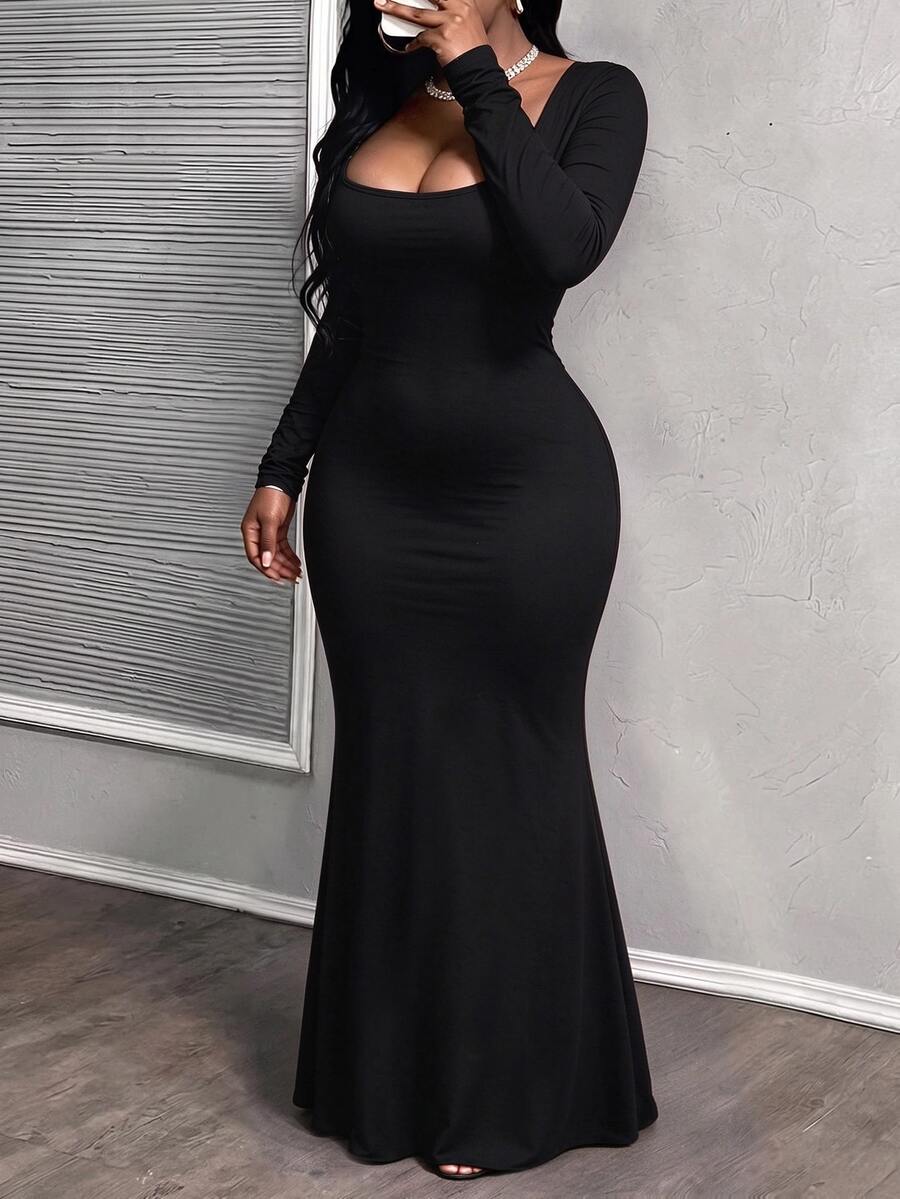 Slaydiva Plus Size Women's Sexy Solid Color Square Neck Long Sleeve Mermaid Dress, Suitable For Party Wear - Multicolor - View 1