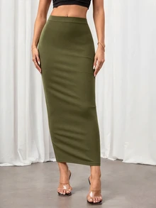 SHEIN Tall 純色鉛筆裙黑色緊身裙，適合高個女性 - 軍綠色 - 查看 3
