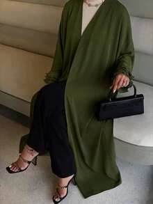 Yasmyna Olive Green Wavy Lace Patchwork Headscarf Long Sleeve Women's Abaya Fall/Winter Going Out - Olive Green - View 6
