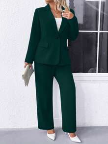 Elenzga Plus Size Solid Color Formal Suit Jacket & Pants Set - Green - View 6