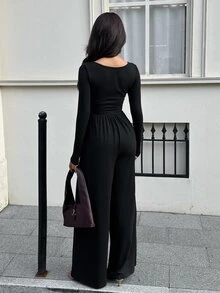 FavEase Women's Autumn Casual Minimalist Black Square Neck Lace Patchwork Long Sleeve Jumpsuit - Black - View 2