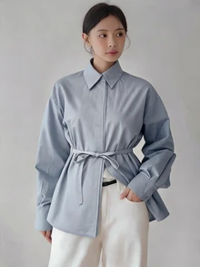 Dazy-Less 女款寬鬆商務休閒辦公通勤長袖襯衫，附腰帶抽繩繫帶設計，極簡純色，春秋款 - 藍色 - 查看 3