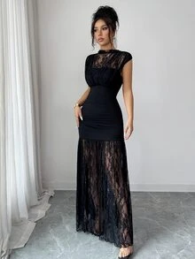 SHEIN PETITE Women's Contrast Lace Cap Sleeve Fitted Elegant Dress - Black - View 5