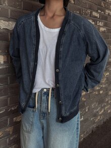 DAZY 女款落肩袖單排扣休閒牛仔夾克 - 深色水洗藍 - 查看 5