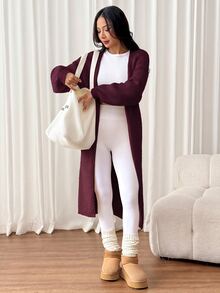 SHEIN PETITE 女款保暖針織開襟衫，適合秋冬外出、日常旅行，米色休閒款 - 紫紅色 - 查看 5