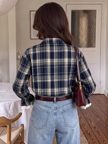 Serisse Women's Plaid Casual Versatile Daily Long Sleeve Shirt - Navy Blue - View 2