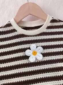 SHEIN Baby Girl 3D Flower Decor Striped Sweatshirt And Pants Casual Set - Khaki - View 8