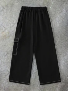 SHEIN 兒童青少年男孩休閒日常百搭舒適工裝直筒寬鬆長褲，黑色工裝褲，適合外出、約會、上學，春、夏、秋、冬四季皆宜 - 黑色 - 查看 3