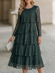 Medorina Women's French Lace Long Sleeve Vacation Dress - Dark Green - View 1