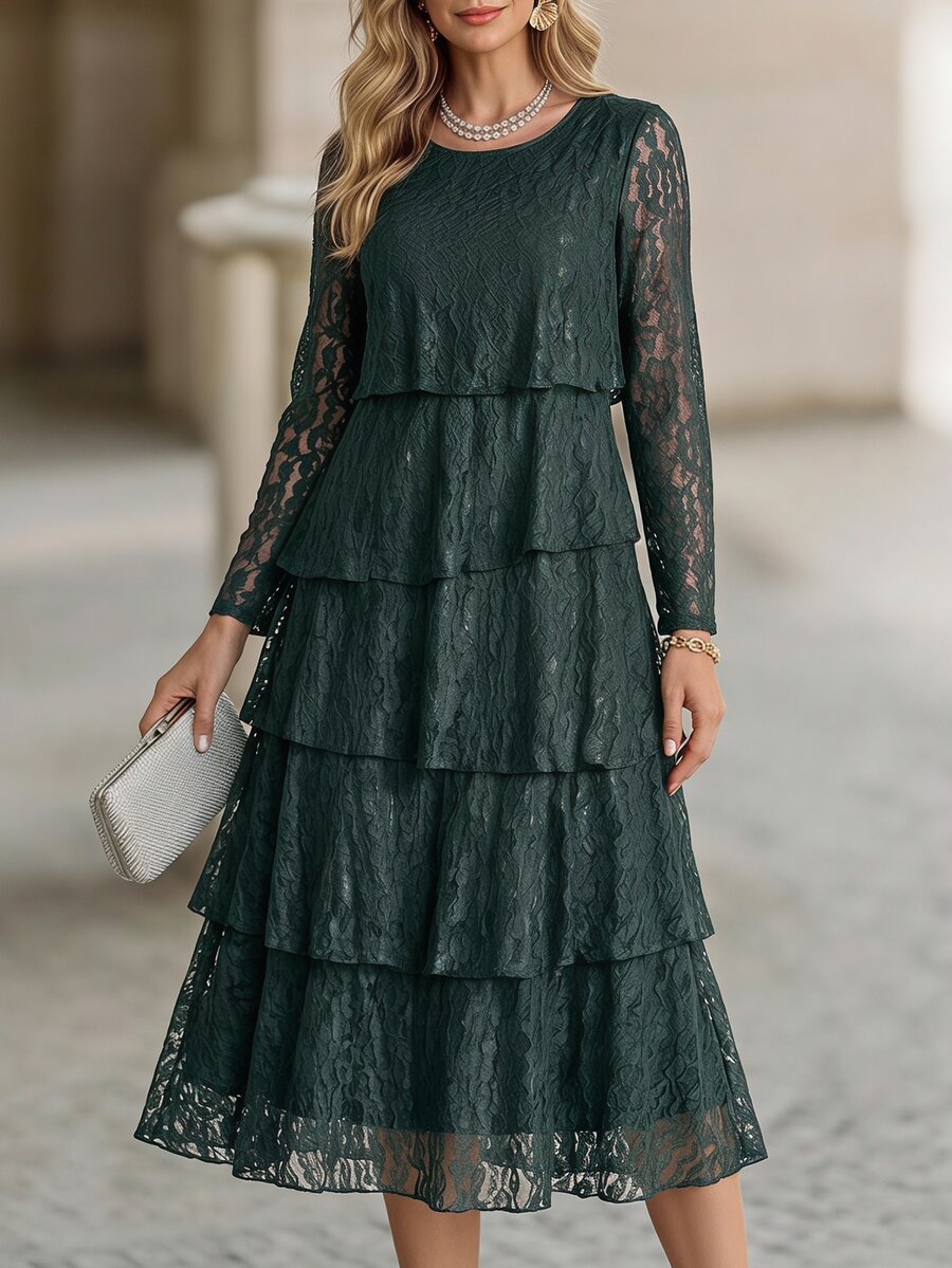 Medorina Women's French Lace Long Sleeve Vacation Dress - Dark Green - View 1