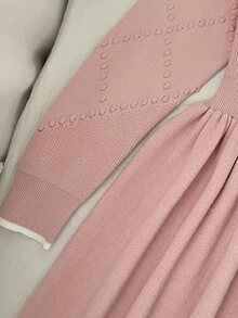 SHEIN Tween女孩優雅純色粉色荷葉邊下擺中長版針織洋裝，秋冬返校穿搭 - 粉色 - 查看 7