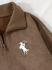 SHEIN 青少年女孩 2 件套套裝：保暖抓絨內裡半拉鍊運動衫與寬鬆寬腿運動長褲，休閒秋冬運動風運動服套裝 - 棕色 - 查看 7