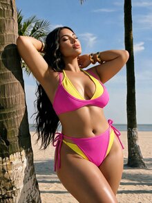 Slaydiva Contrast Color Rose Pink & Yellow Faux Two-Piece Sexy Plus Size Swimsuit Set - Multicolor - View 1