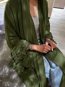 Yasmyna Olive Green Wavy Lace Patchwork Headscarf Long Sleeve Women's Abaya Fall/Winter Going Out - Olive Green - View 4