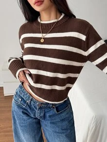 SHEIN PETITE 女款立領黑白條紋極簡毛衣，休閒日常穿著，適合嬌小身型，秋冬適用 - 咖啡棕 - 查看 4