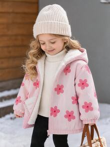 SHEIN 女嬰秋冬可愛花卉圖案燈芯絨連帽保暖內裡夾克 - 淺粉色 - 查看 1