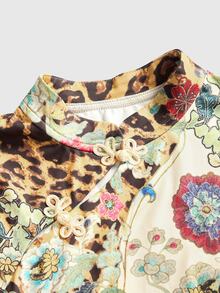 ROMWE Avant Atasan Wanita Model Pas Badan dengan Kerah Tegak Bergaya Cina yang Elegan dan Motif Macan - Khaki - View 2