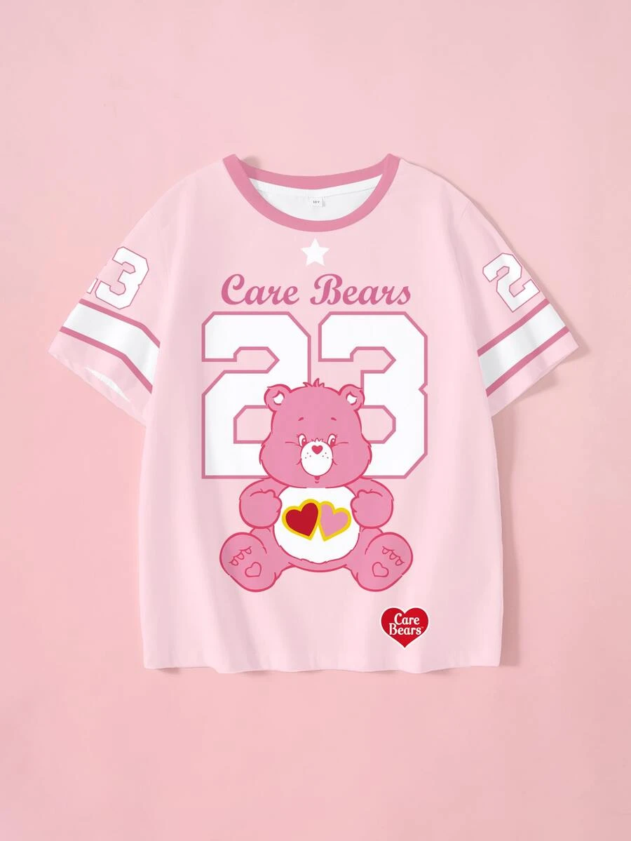 SHEIN X Care Bears 青少年女孩字母卡通印花圓領短袖T恤 - 白色 - 查看 1