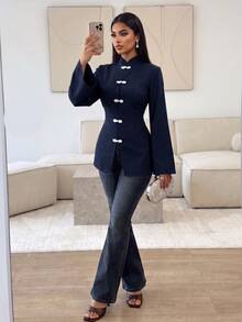Veilorie Women's Solid Color Frog Button Design Long Sleeve Arabic Style Top - Navy Blue - View 11