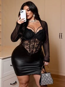 NU&NOW Black Sheer Floral Lace Boned Corset Top Off Shoulder Long Sleeve Cover Up Matching Ruched Faux Leather Slit Mini Skirt Two Pieces Night Out Club Outfi - Black - View 1