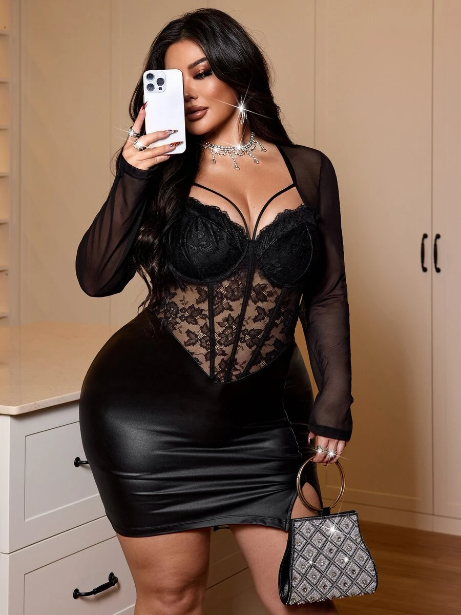 NU&NOW Black Sheer Floral Lace Boned Corset Top Off Shoulder Long Sleeve Cover Up Matching Ruched Faux Leather Slit Mini Skirt Two Pieces Night Out Club Outfi - Black - View 1